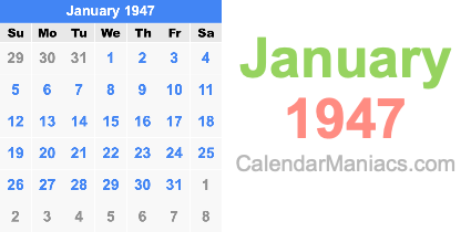January 1947 Calendar January 1947