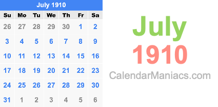 July 1910 Calendar July 1910