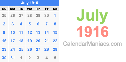 July 1916 Calendar July 1916