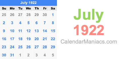July 1922 Calendar