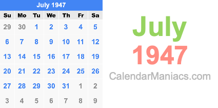 July 1947 Calendar July 1947
