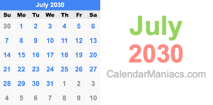 July 2030 Calendar July 2030