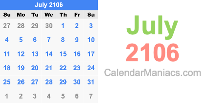 July 2106 Calendar July 2106