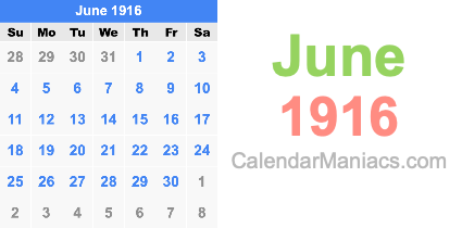 June 1916 Calendar June 1916