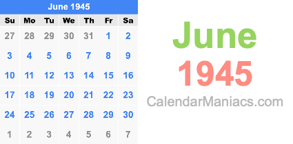 June 1945 Calendar June 1945
