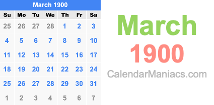 March 1900 Calendar March 1900