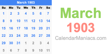 March 1903 Calendar March 1903