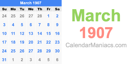 March 1907 Calendar March 1907
