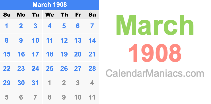 March 1908 Calendar March 1908