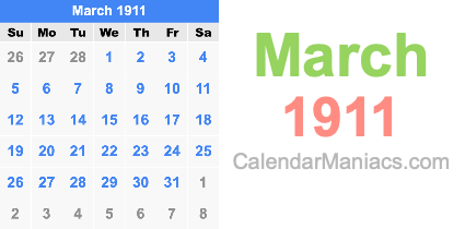 March 1911 Calendar March 1911