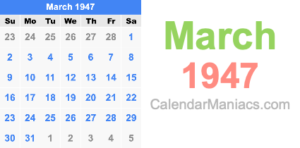 March 1947 Calendar March 1947