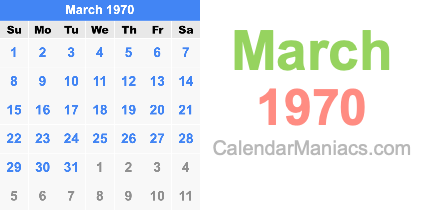 March 1970 Calendar