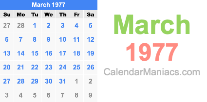 March 1977 Calendar