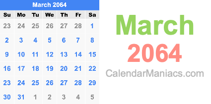 March 2064 Calendar March 2064