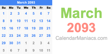 March 2093 Calendar March 2093