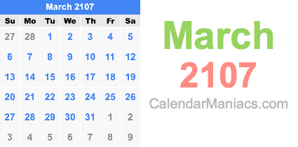 March 2107 Calendar March 2107