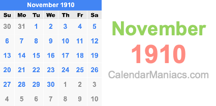 November 1910 Calendar November 1910