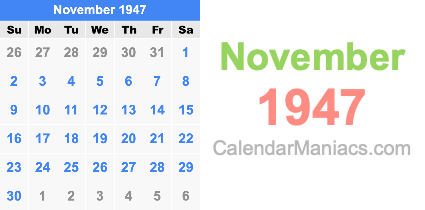 November 1947 Calendar November 1947