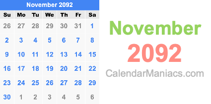 November 2092 Calendar November 2092
