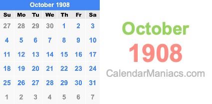 October 1908 Calendar October 1908