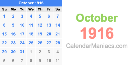 October 1916 Calendar October 1916