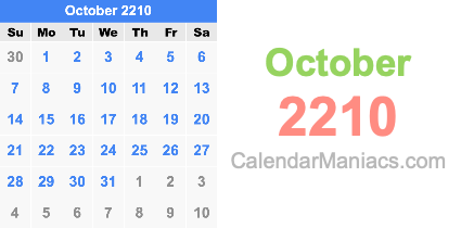 October 2210 Calendar October 2210