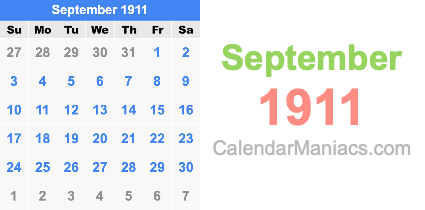 September 1911 Calendar September 1911