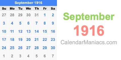 September 1916 Calendar September 1916